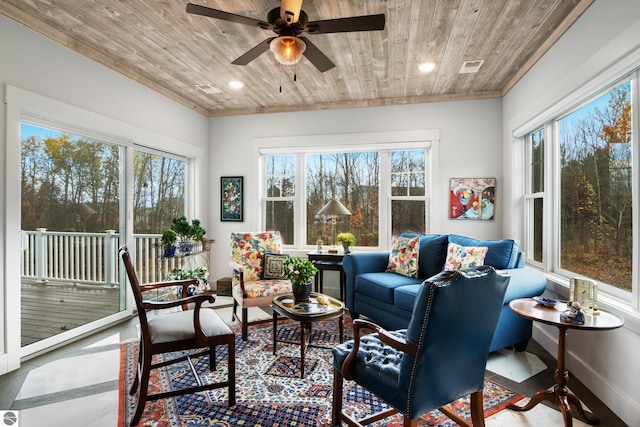 sunroom / solarium with ceiling fan and wooden ceiling