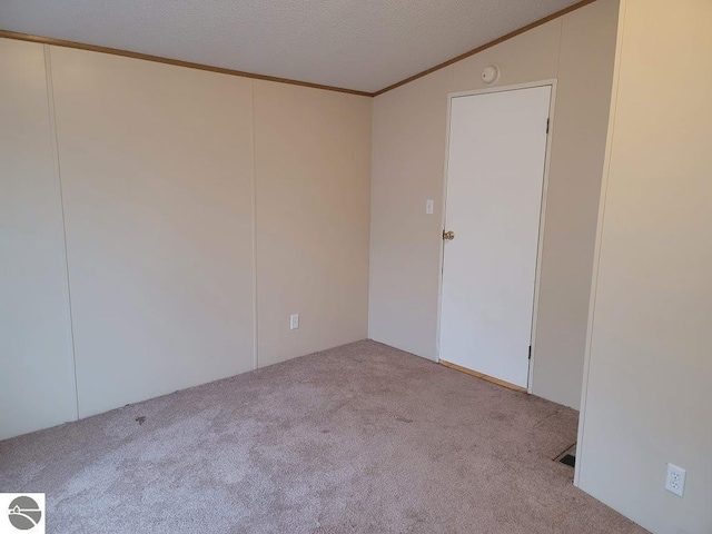 unfurnished room featuring lofted ceiling, a textured ceiling, light colored carpet, and ornamental molding