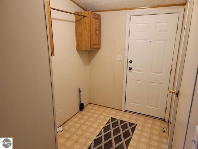 laundry room with cabinets and a textured ceiling