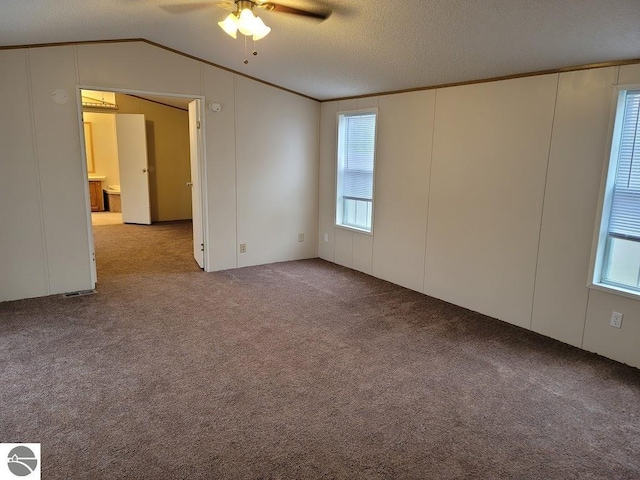 empty room with light colored carpet, a textured ceiling, ceiling fan, and vaulted ceiling