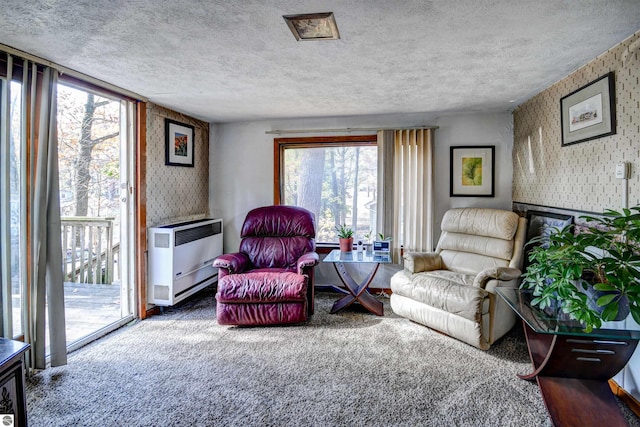 carpeted living room featuring a wealth of natural light, a textured ceiling, and heating unit