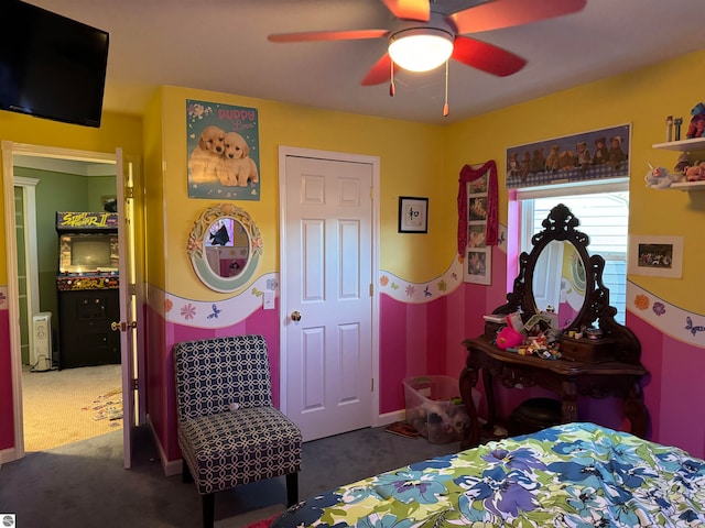 carpeted bedroom with ceiling fan