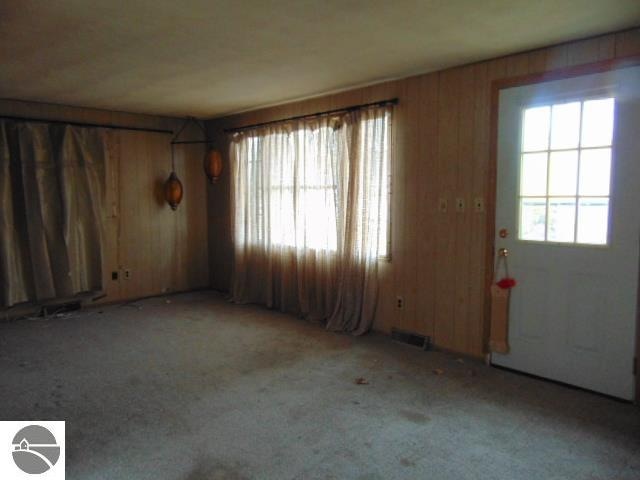 interior space with light carpet and wood walls