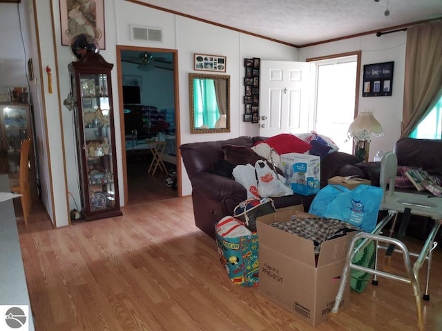 2824 Badger Rd, Beaverton, MI 48612 - living area featuring ornamental molding, wood finished floors, and a textured ceiling