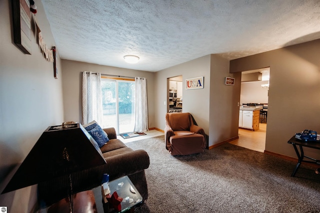 living room featuring light carpet and a textured ceiling