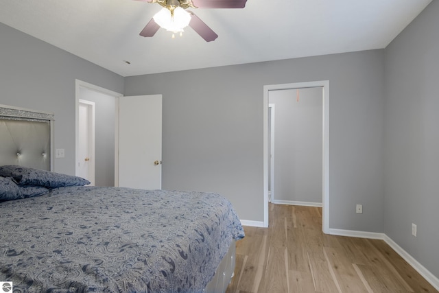 bedroom featuring light hardwood / wood-style flooring and ceiling fan