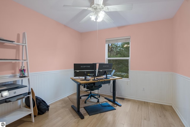 office area featuring ceiling fan and light hardwood / wood-style floors