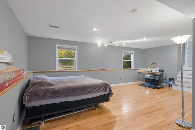 bedroom featuring wood-type flooring and multiple windows