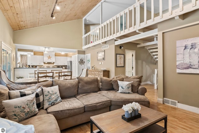 living room featuring high vaulted ceiling, rail lighting, wood ceiling, and light wood-type flooring