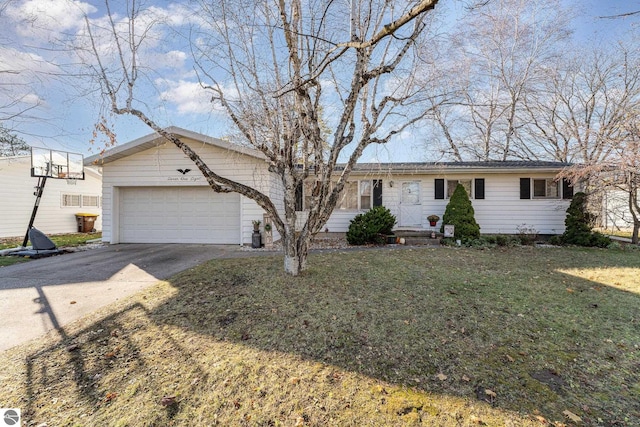 single story home featuring a garage and a front lawn