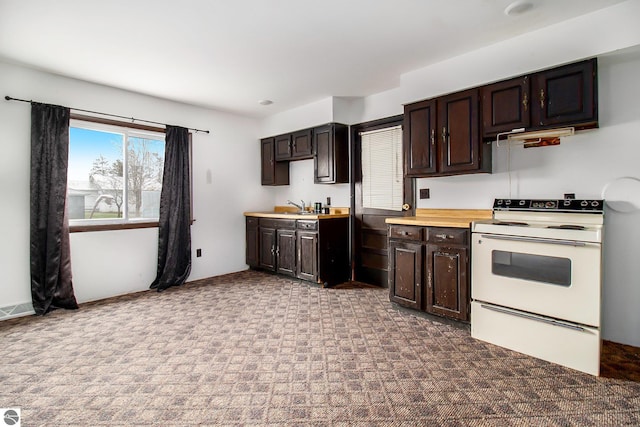 kitchen featuring dark brown cabinets, white electric stove, sink, and carpet floors