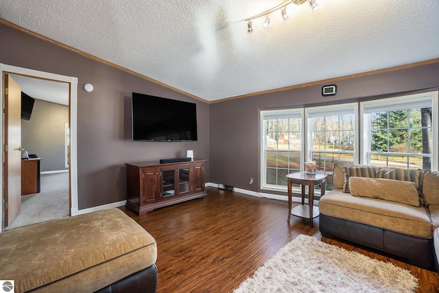 living room featuring dark hardwood / wood-style flooring, a textured ceiling, lofted ceiling, and ornamental molding