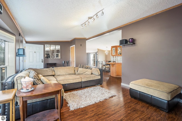 living room featuring dark wood-type flooring, a textured ceiling, crown molding, and vaulted ceiling