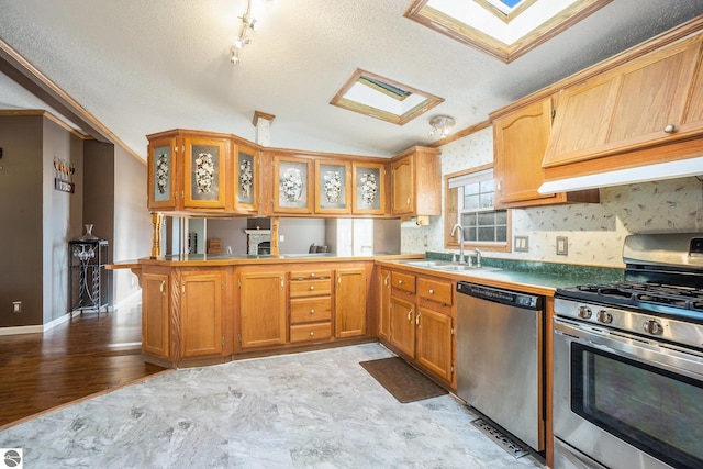 kitchen with light hardwood / wood-style floors, stainless steel appliances, a textured ceiling, sink, and vaulted ceiling with skylight