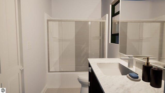 full bathroom with toilet, vanity, shower / bath combination with glass door, and tile patterned flooring