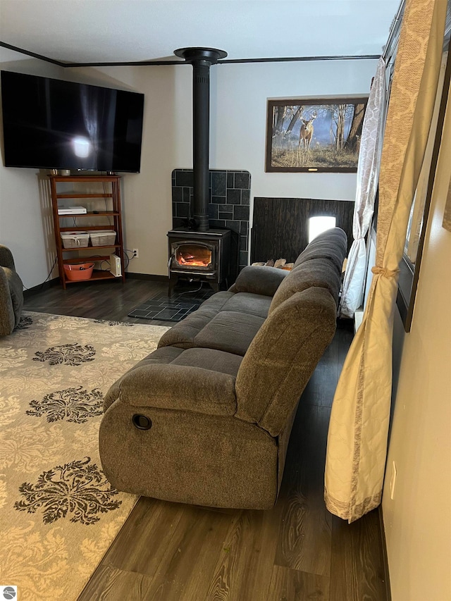 living room featuring hardwood / wood-style floors and a wood stove