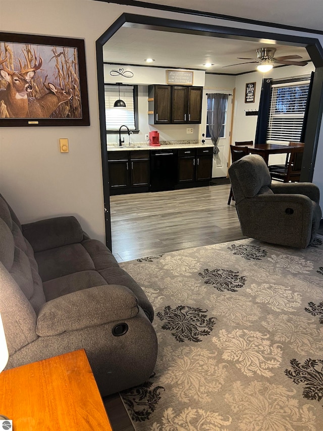 living room with ceiling fan and light hardwood / wood-style floors