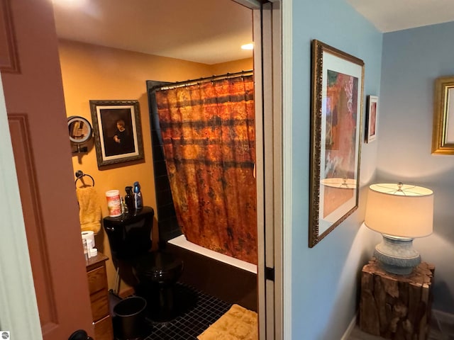 bathroom featuring a shower with curtain and tile patterned flooring