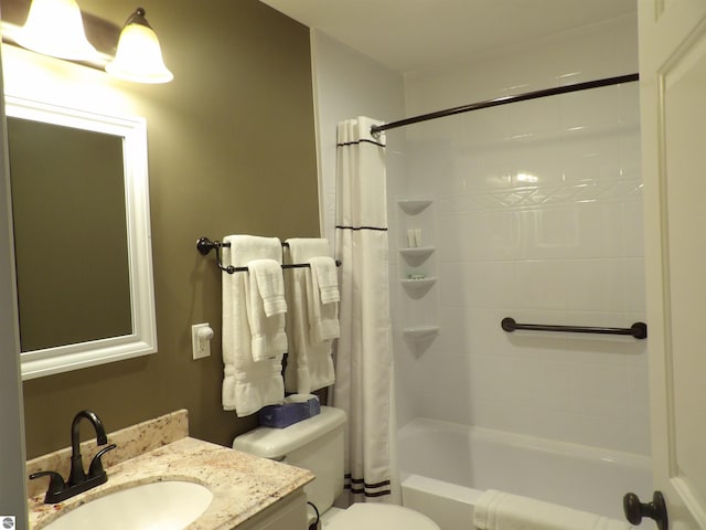 full bathroom with toilet, vanity, and shower / bath combination with curtain