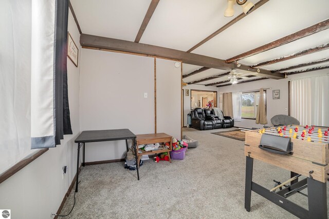 interior space featuring ceiling fan, beam ceiling, and carpet floors