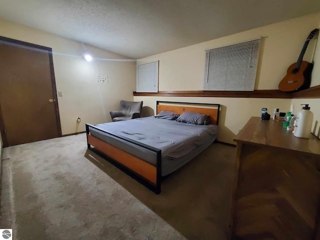 carpeted bedroom with lofted ceiling and a textured ceiling