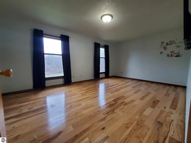 spare room featuring light wood-type flooring and a textured ceiling