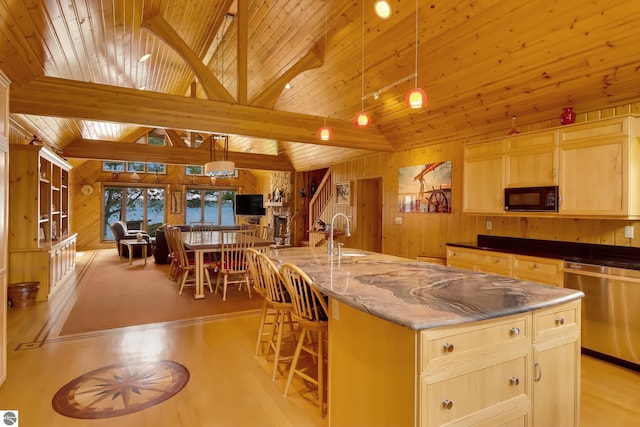 kitchen with dishwasher, wood ceiling, wooden walls, and an island with sink