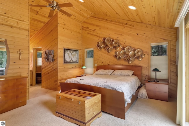 bedroom featuring high vaulted ceiling, ceiling fan, wooden ceiling, and wood walls