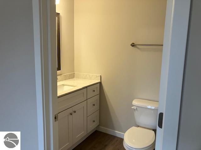 bathroom with vanity, hardwood / wood-style floors, and toilet