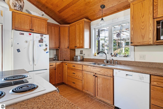 kitchen featuring light wood-type flooring, wood ceiling, white appliances, sink, and lofted ceiling