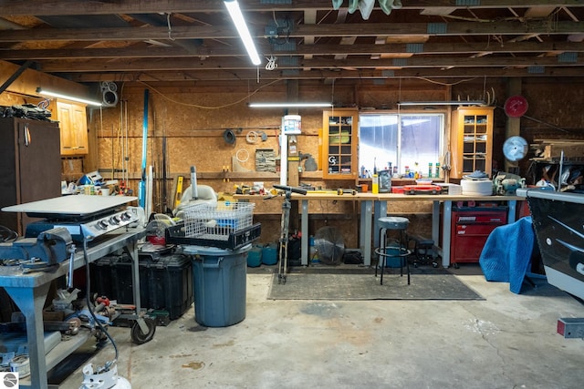 basement with a workshop area