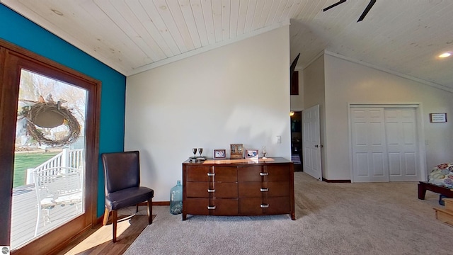 sitting room featuring wooden ceiling, ceiling fan, lofted ceiling, and light colored carpet