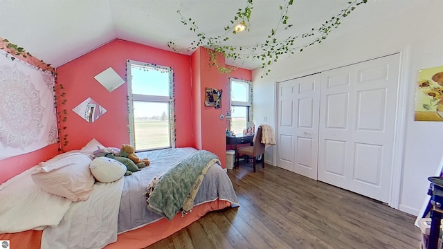 bedroom featuring a closet, dark wood-type flooring, and vaulted ceiling