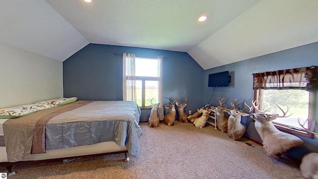 carpeted bedroom featuring vaulted ceiling