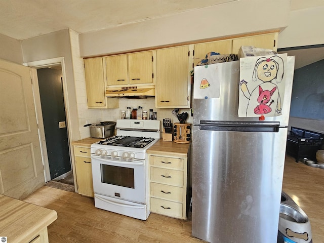 9100 E Miller Rd, Durand, MI 48429 - kitchen with freestanding refrigerator, white gas stove, under cabinet range hood, light wood-type flooring, and tasteful backsplash