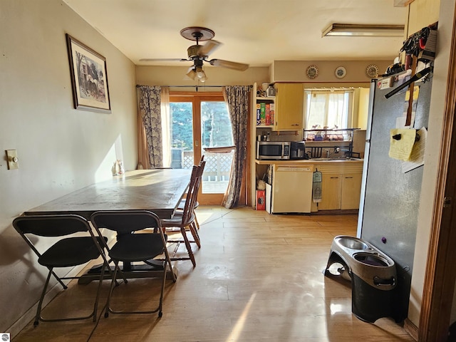 dining room featuring light wood finished floors, a ceiling fan, and plenty of natural light