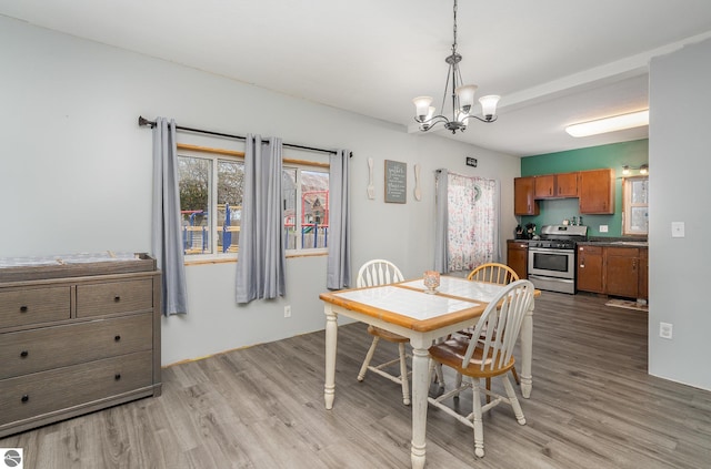 dining room with light hardwood / wood-style flooring and a chandelier