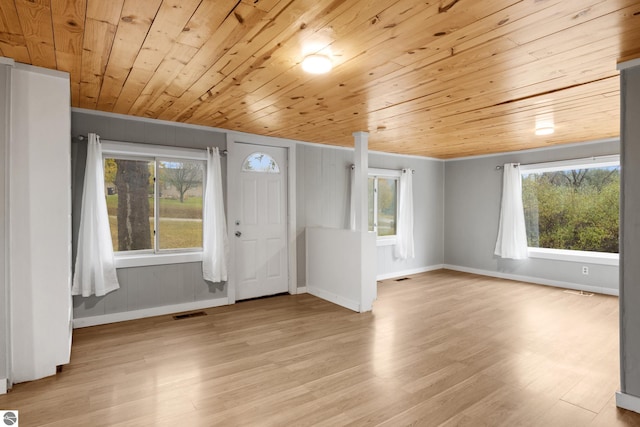 interior space featuring wood walls, light hardwood / wood-style flooring, and wood ceiling