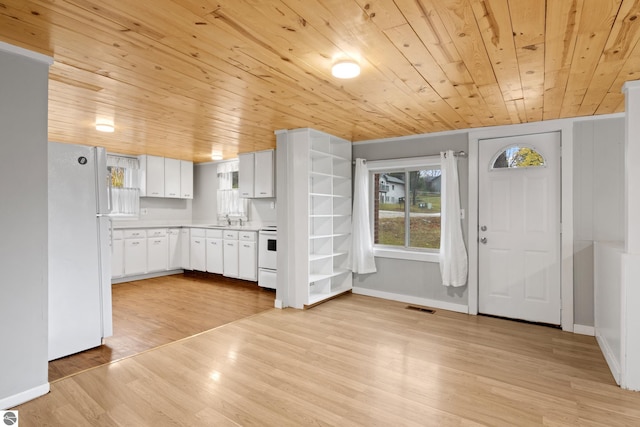 kitchen featuring white cabinetry, sink, light hardwood / wood-style floors, white appliances, and wood ceiling