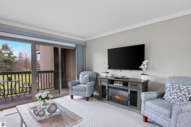 carpeted living room featuring crown molding