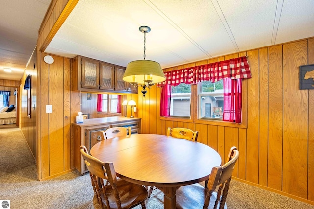 carpeted dining room with wood walls, plenty of natural light, and a textured ceiling