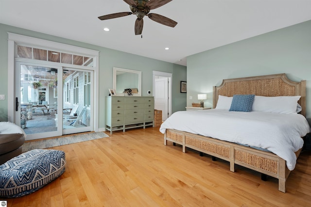 bedroom with ceiling fan, access to exterior, and wood-type flooring