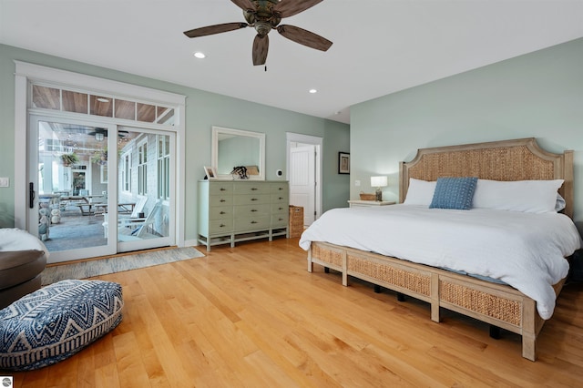 91 S Nanagosa Trl, Suttons Bay, MI 49682 - bedroom featuring access to outside, light wood-style flooring, recessed lighting, and ceiling fan