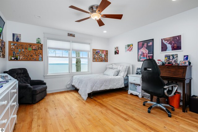 91 S Nanagosa Trl, Suttons Bay, MI 49682 - bedroom with light wood-type flooring, ceiling fan, and recessed lighting