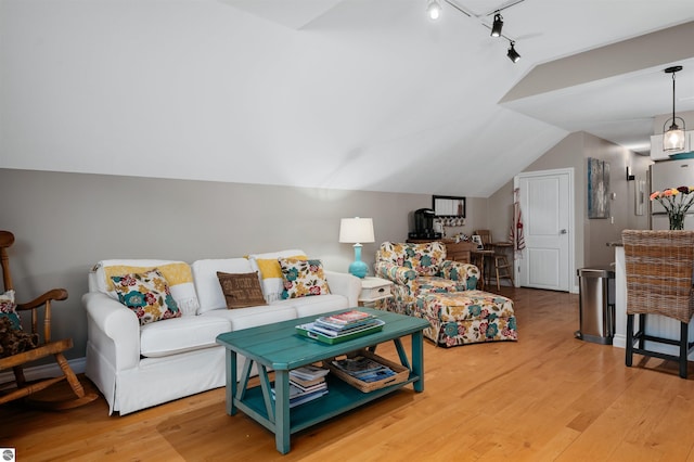 91 S Nanagosa Trl, Suttons Bay, MI 49682 - living room featuring vaulted ceiling, light wood-style flooring, and rail lighting