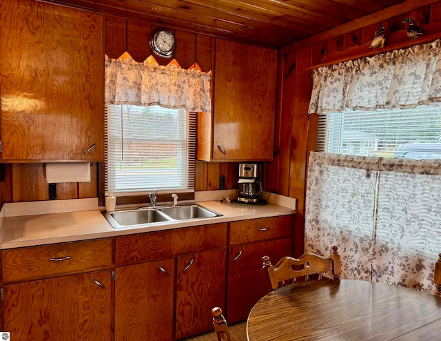 kitchen with sink, wooden walls, and wood ceiling