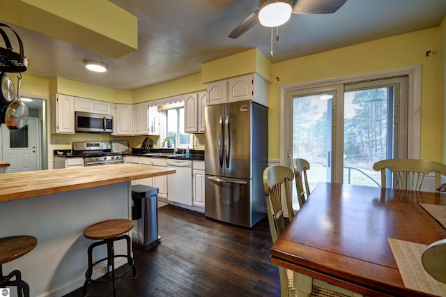 kitchen with dark wood-type flooring, wooden counters, white cabinets, ceiling fan, and appliances with stainless steel finishes