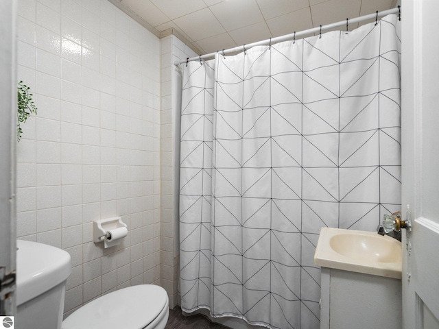 bathroom with vanity, curtained shower, toilet, and tile walls