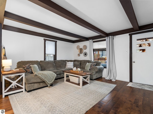 living room featuring beam ceiling and wood-type flooring