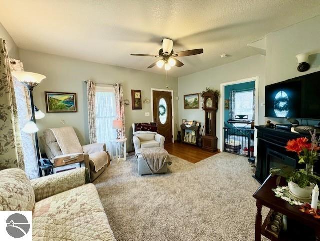 carpeted living room with ceiling fan and a textured ceiling